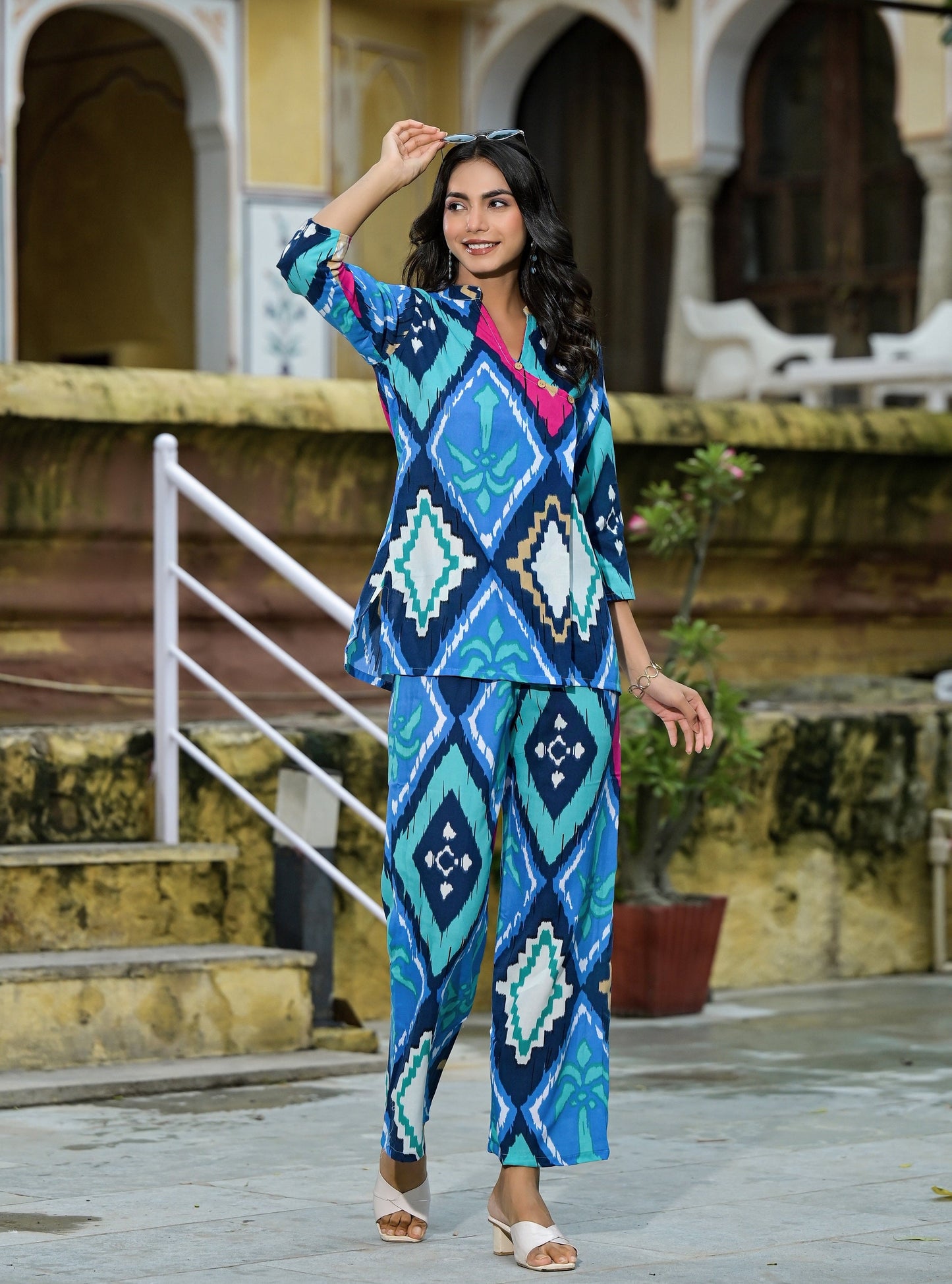 Anam Ethnic Mandarin-Collar Blue Co-ord Set