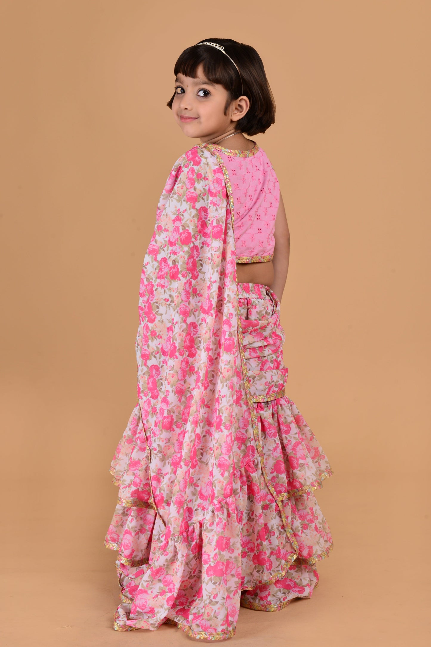 Cutie Diva Pink Georgette Saree With Schiflli Blouse For Girls