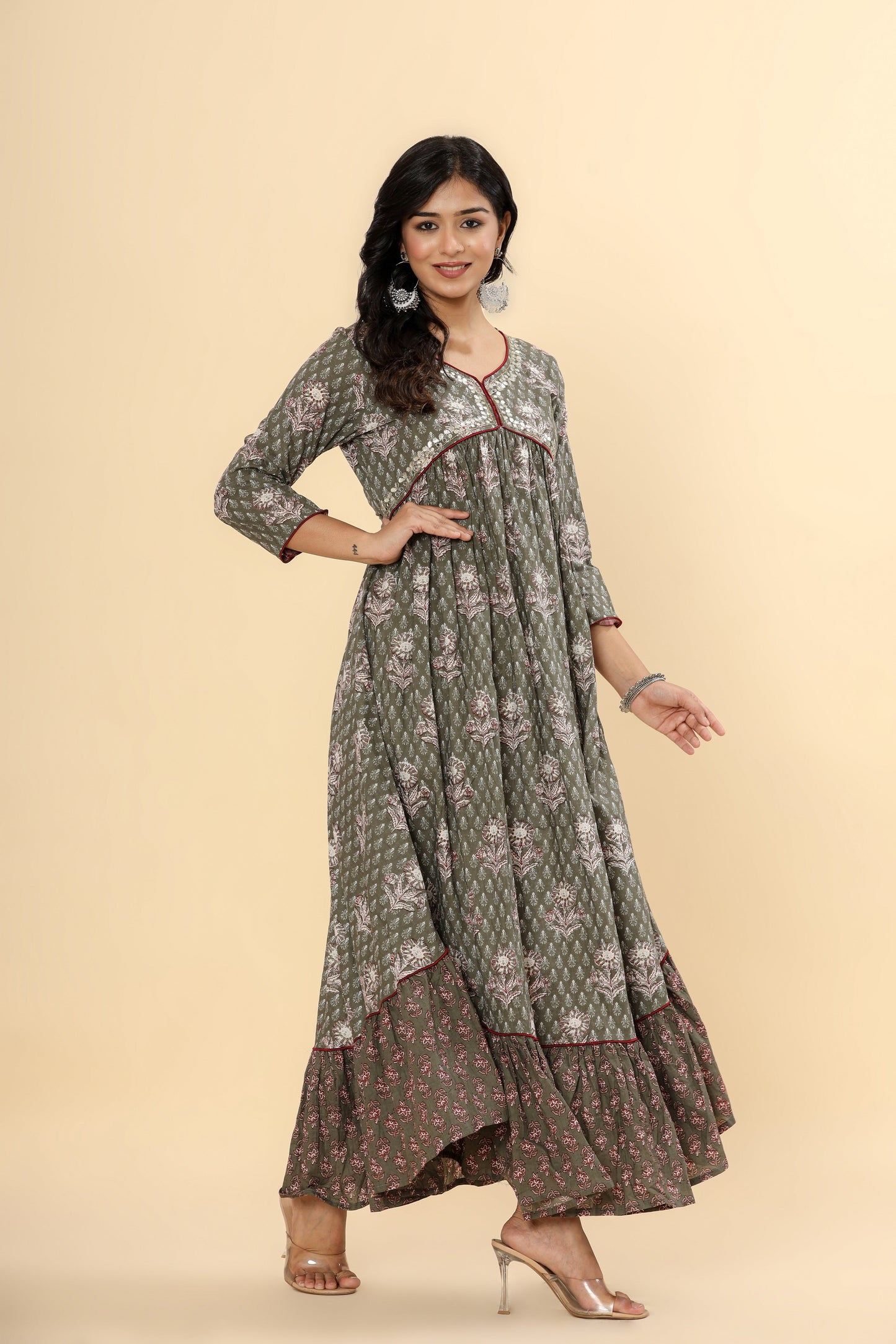 Anam jaipuri Women Printed Pure Cotton Anarkali Kurta in Green