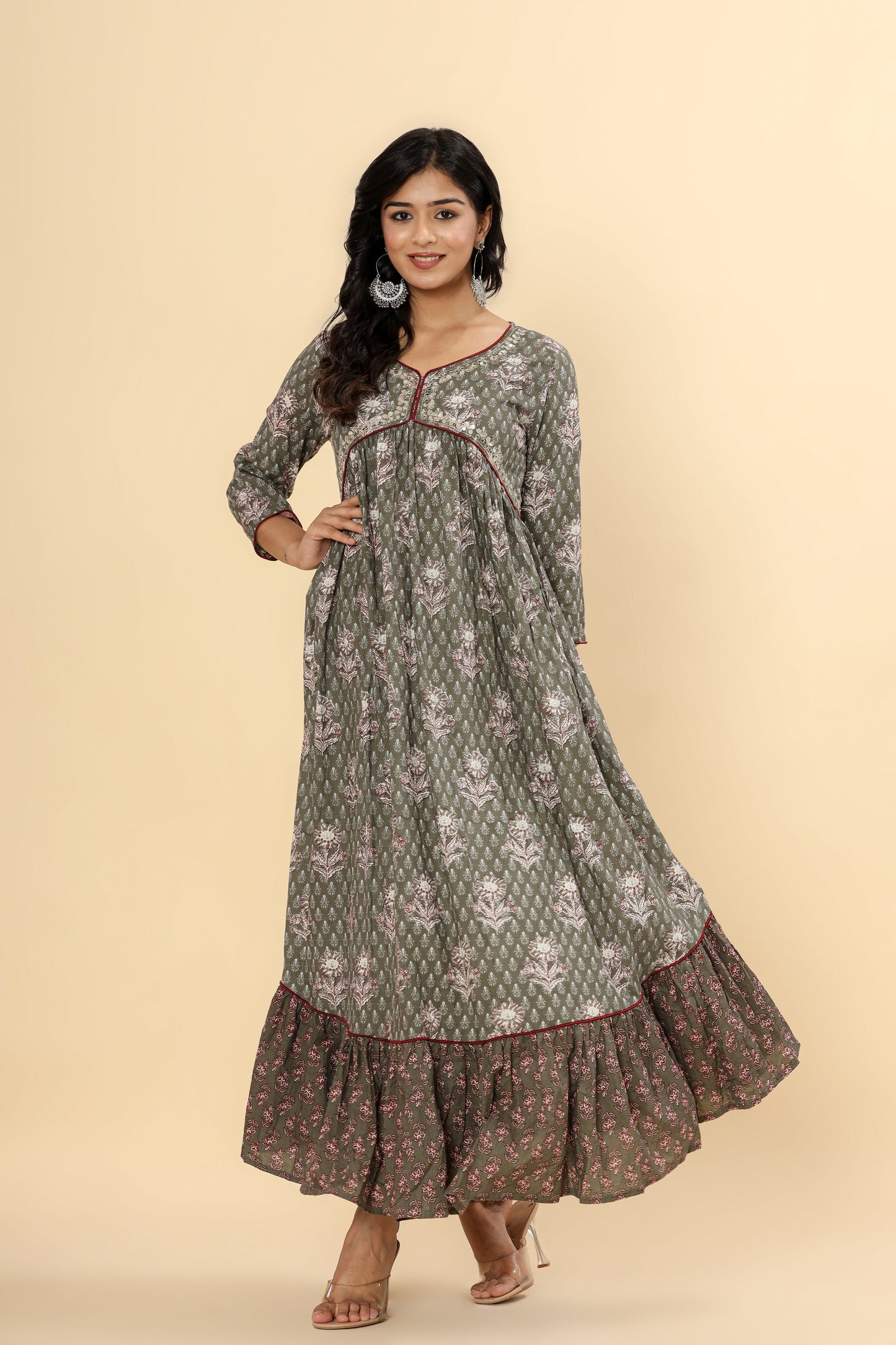 Anam jaipuri Women Printed Pure Cotton Anarkali Kurta in Green