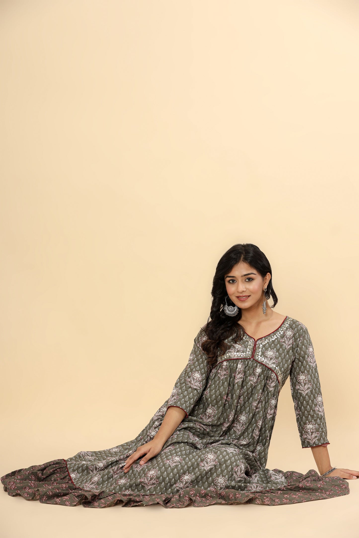 Anam jaipuri Women Printed Pure Cotton Anarkali Kurta in Green