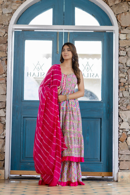 Anam jaipuri  Ethnic Cotton Suit Set With Sharara And Dupatta