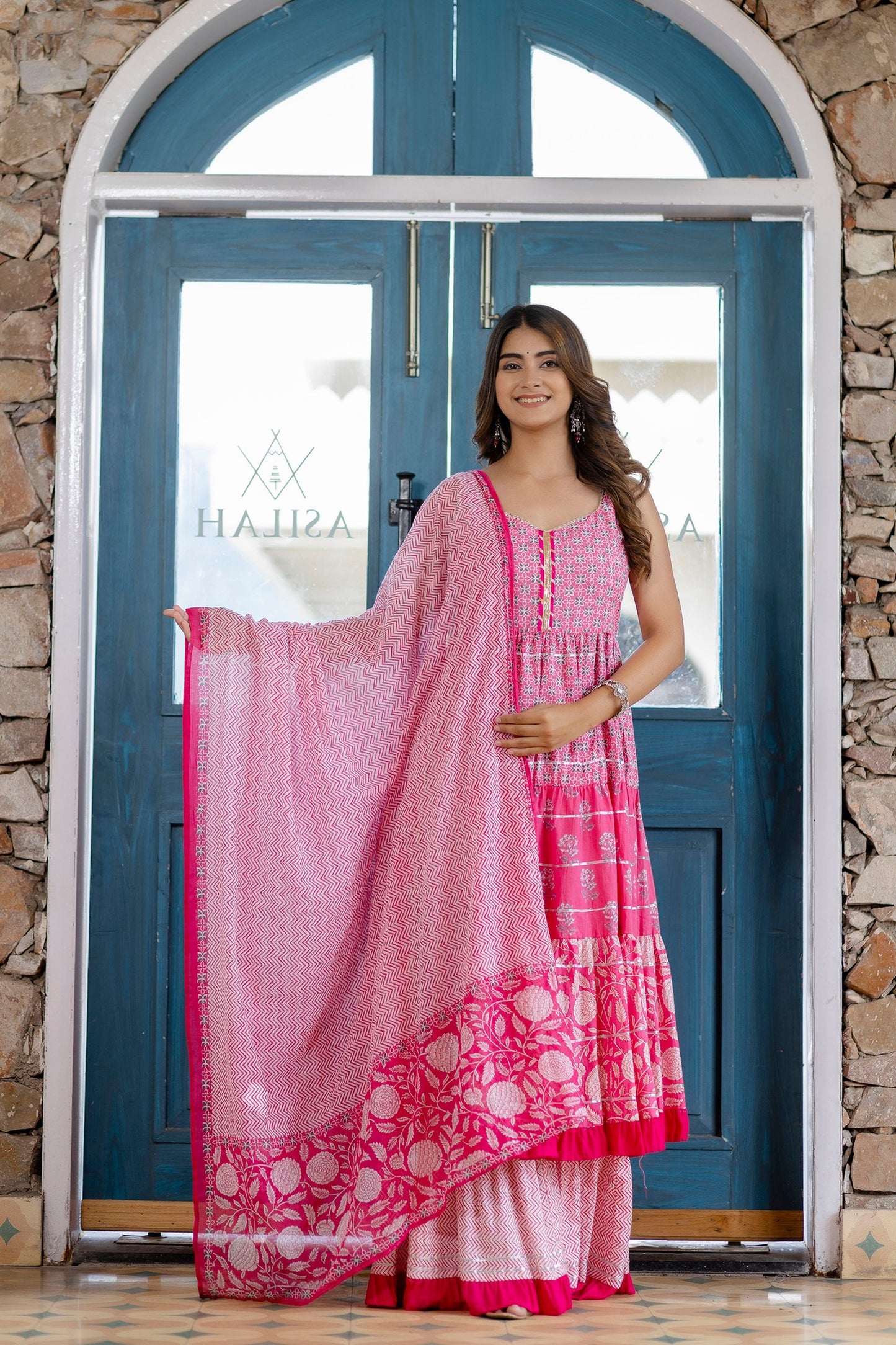 Anam jaipuri  Ethnic Motifs Print Gotta Patti Cotton A-Line Kurta & Sharara With Dupatta