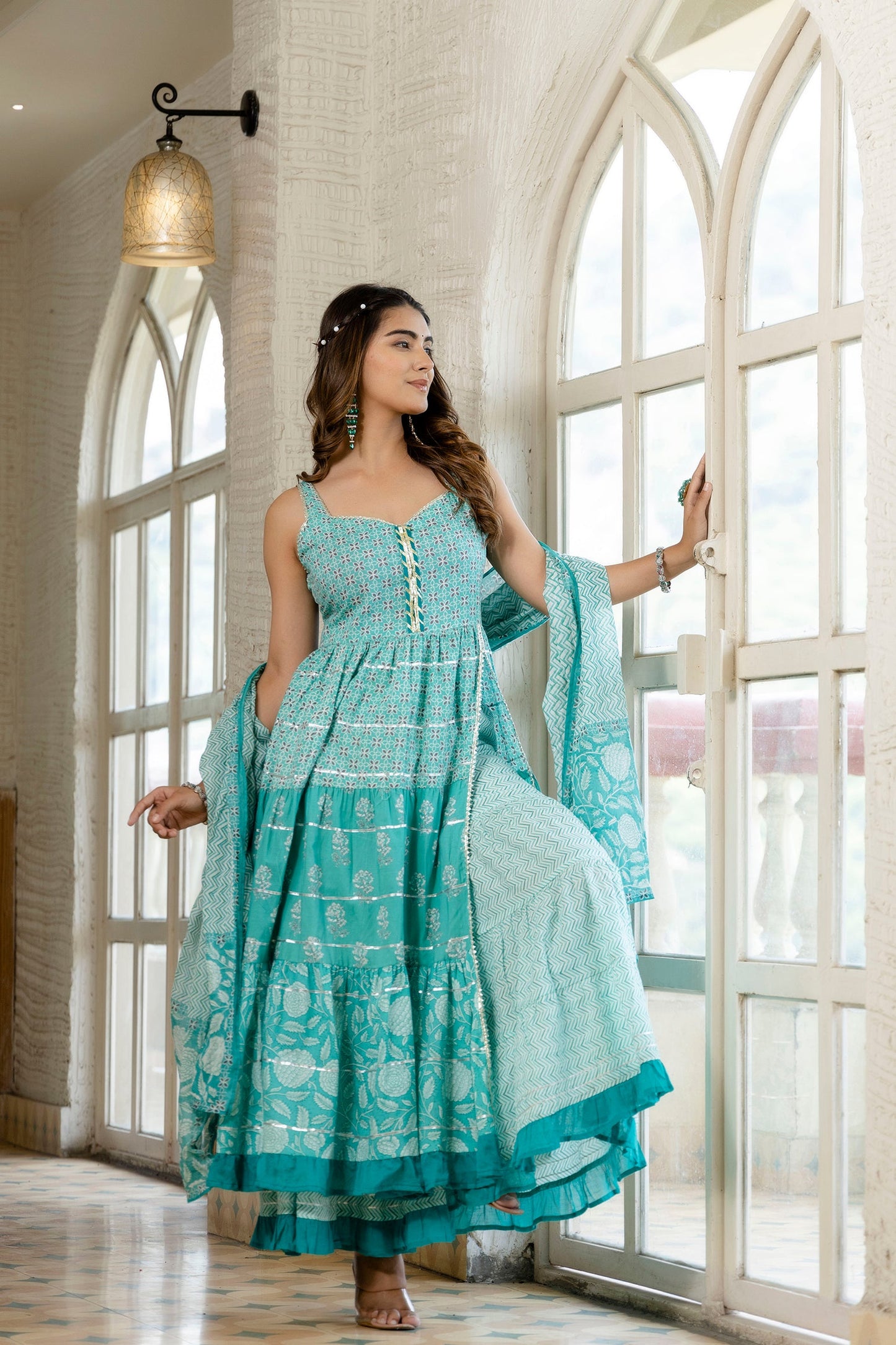 Anam jaipuri  Ethnic Motifs Print Gotta Patti Cotton A-Line Kurta & Sharara With Dupatta