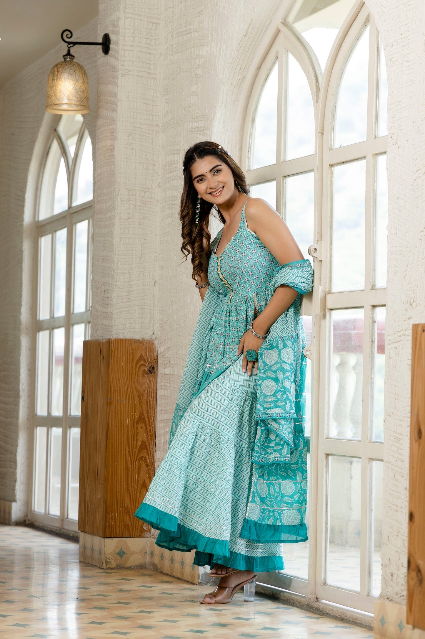 Anam jaipuri  Ethnic Motifs Print Gotta Patti Cotton A-Line Kurta & Sharara With Dupatta