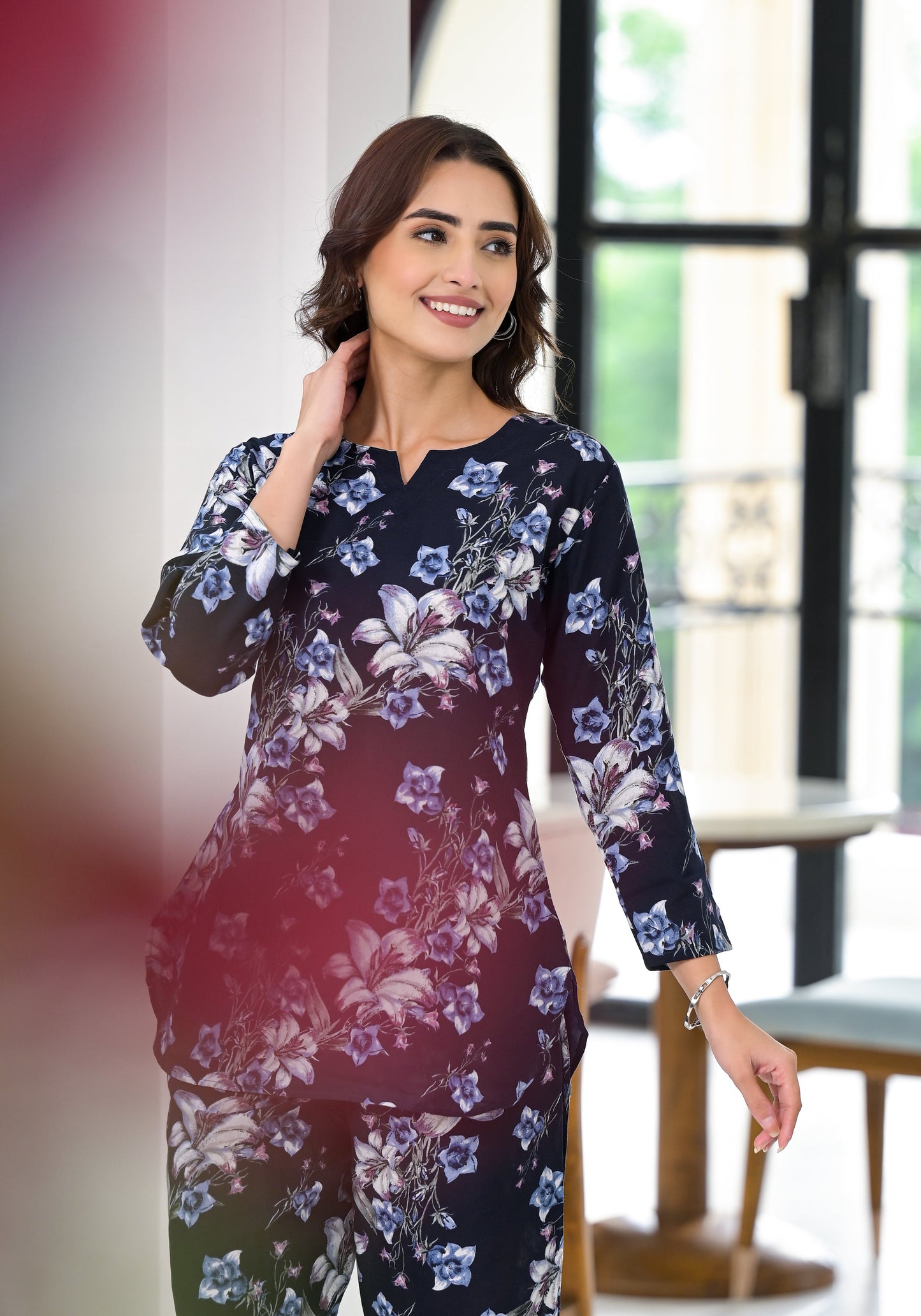 Anam Ethnic Set Floral Printed Navy Blue Co-ord Set