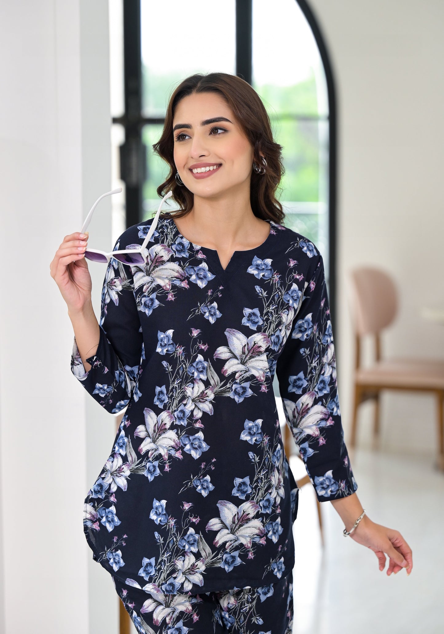 Anam Ethnic Set Floral Printed Navy Blue Co-ord Set