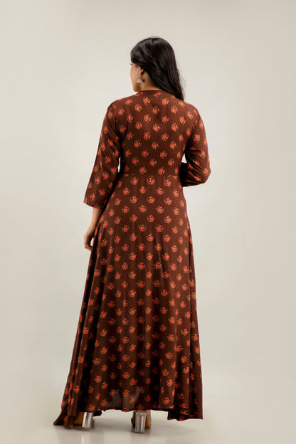 Anam jaipuri Long Flared Printed Kurta in Brown