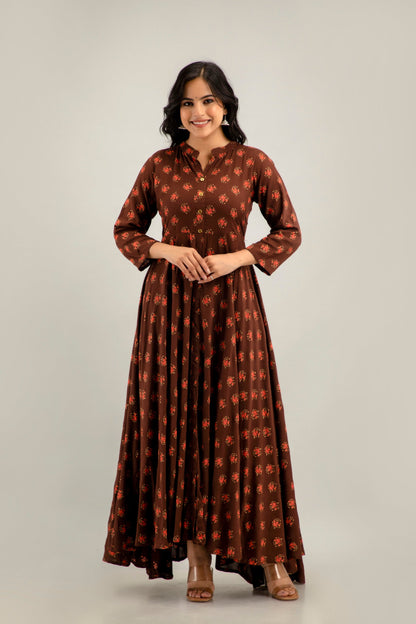 Anam jaipuri Long Flared Printed Kurta in Brown