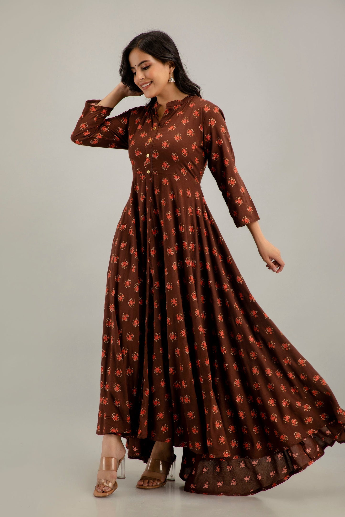 Anam jaipuri Long Flared Printed Kurta in Brown