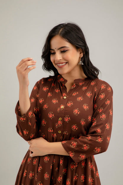 Anam jaipuri Long Flared Printed Kurta in Brown