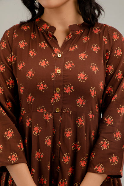 Anam jaipuri Long Flared Printed Kurta in Brown