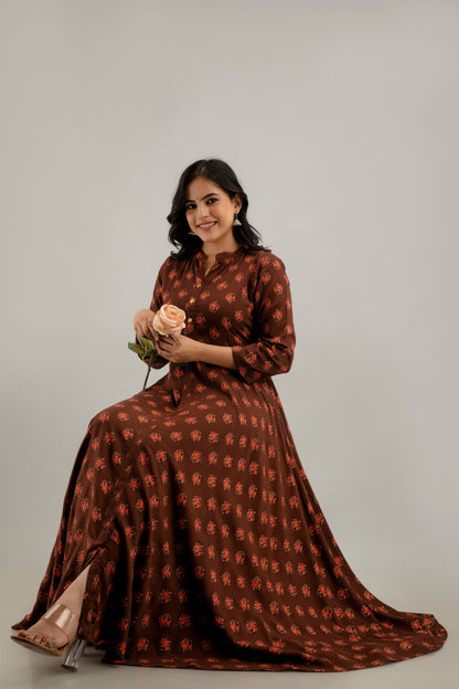 Anam jaipuri Long Flared Printed Kurta in Brown