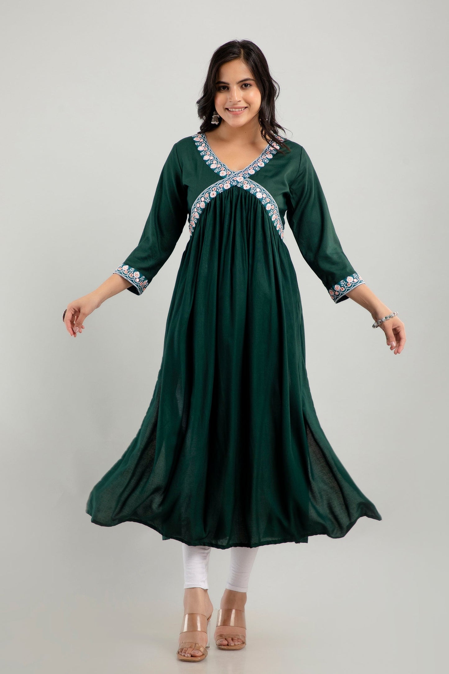 Anam jaipuri Embroidered Aliya Cut Kurta in Dark Green