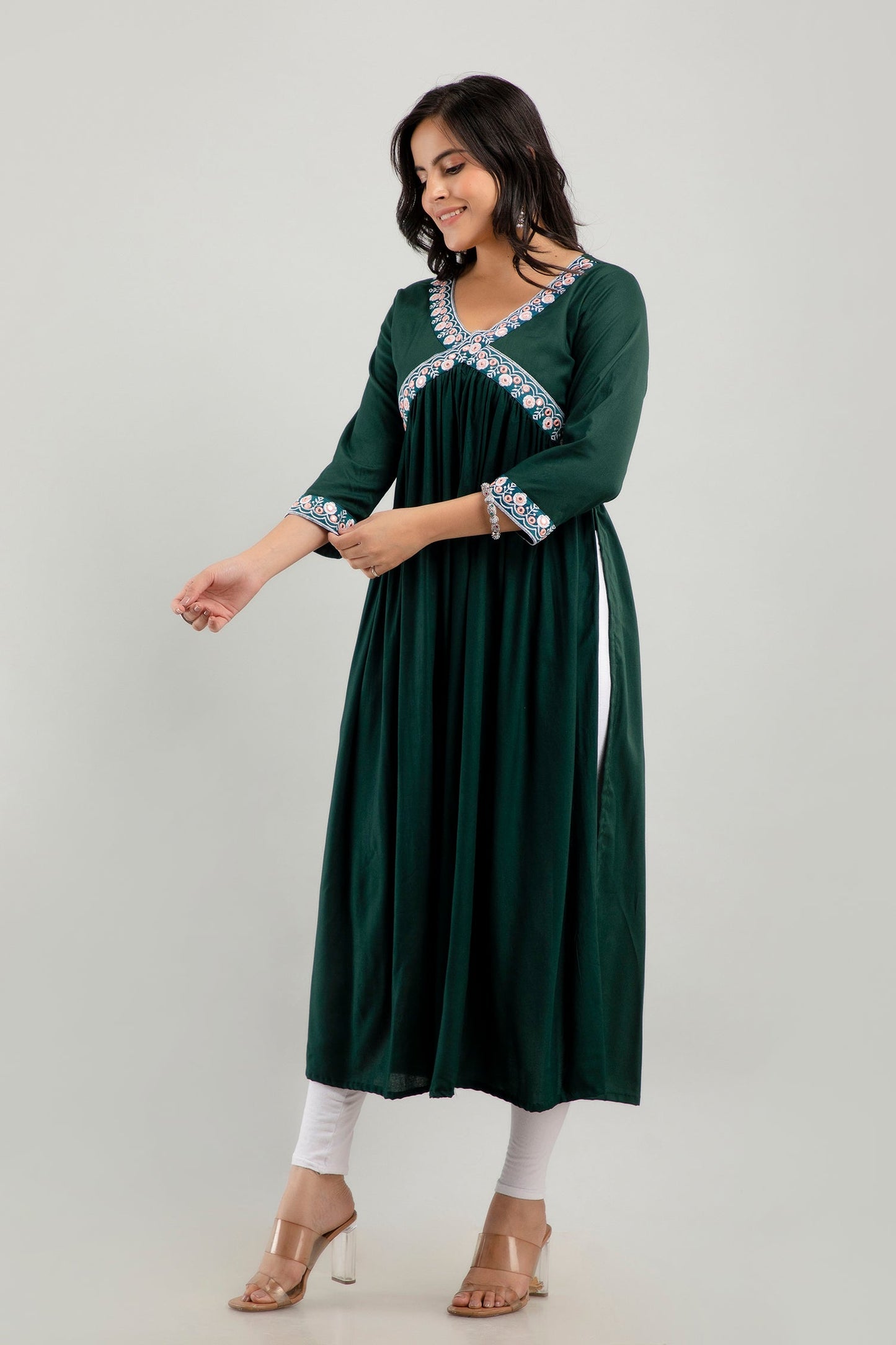 Anam jaipuri Embroidered Aliya Cut Kurta in Dark Green