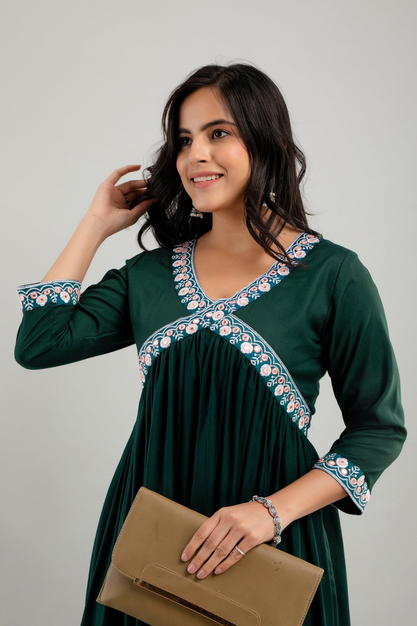 Anam jaipuri Embroidered Aliya Cut Kurta in Dark Green