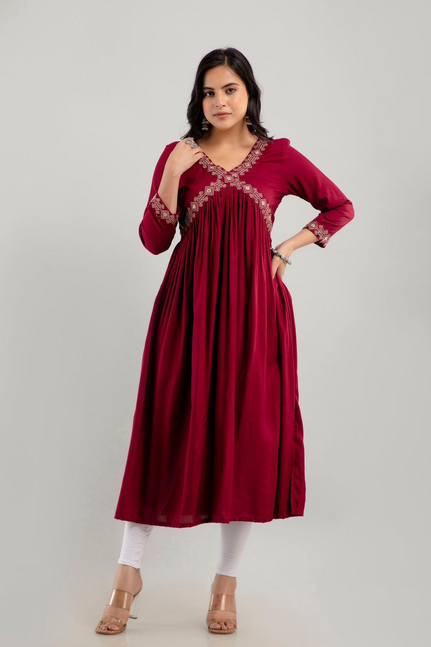 Anam jaipuri Embroidered Aliya Cut Kurta in Maroon