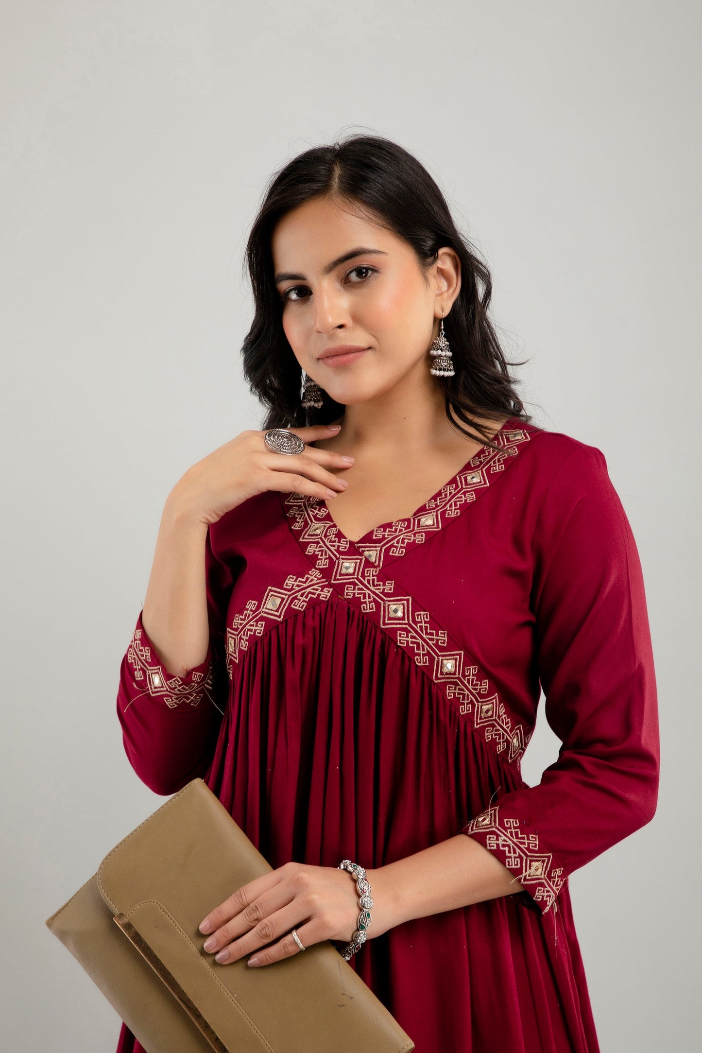 Anam jaipuri Embroidered Aliya Cut Kurta in Maroon