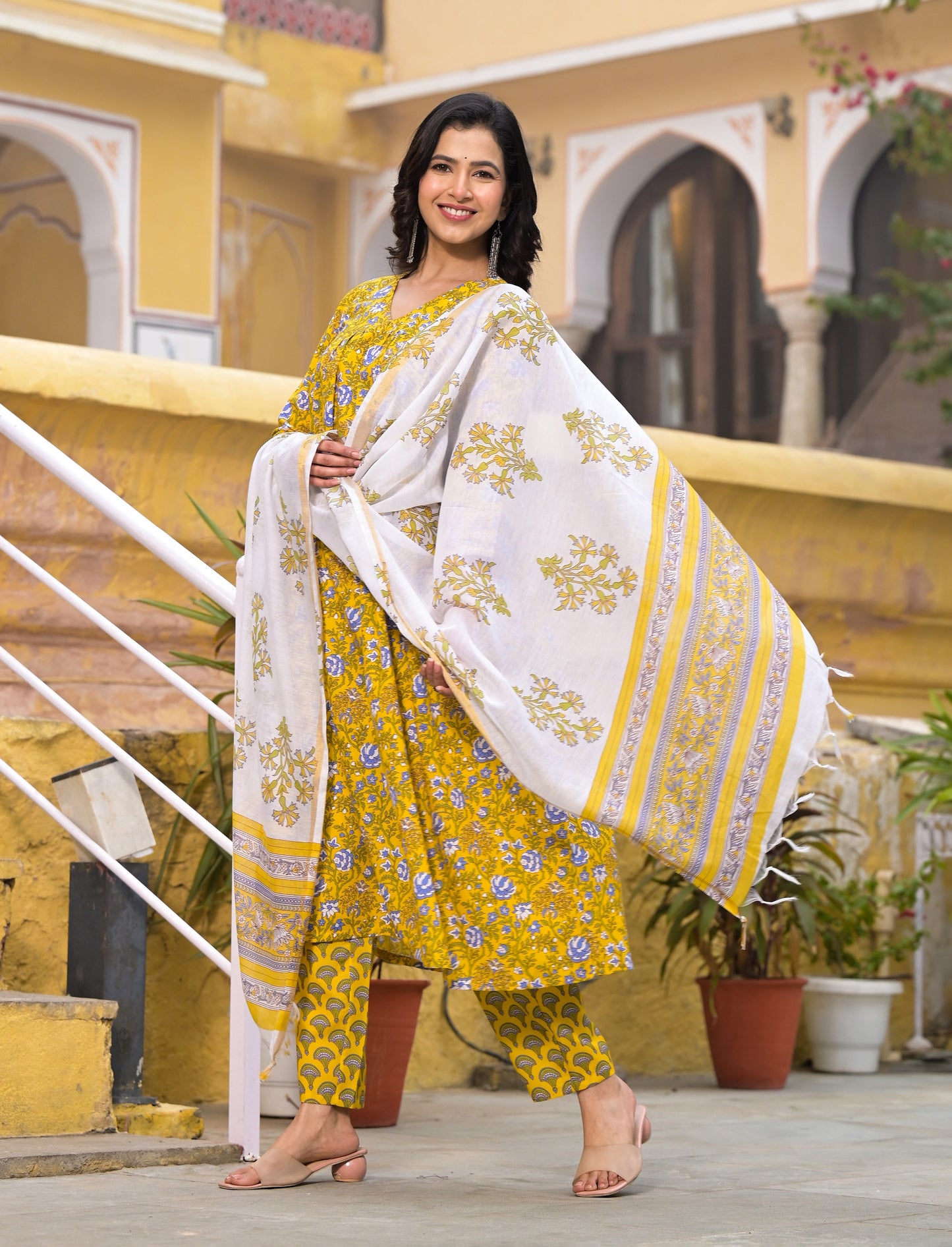 Anam Ethnic Set Women Floral Printed Flared A-Line Kurta and Pant set with Dupatta