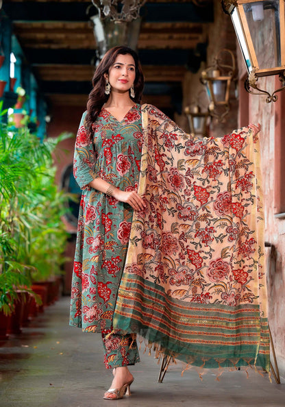 Anam Ethnic Set Women Printed Straight Kurta and Pant set with Dupatta