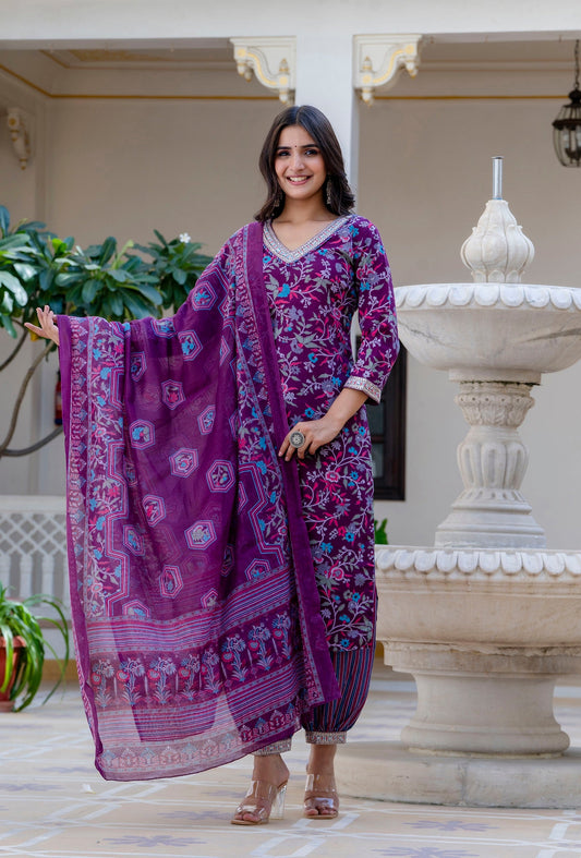 Anam Ethnic Set Women Printed Straight Purple Kurta and Pant set with Dupatta