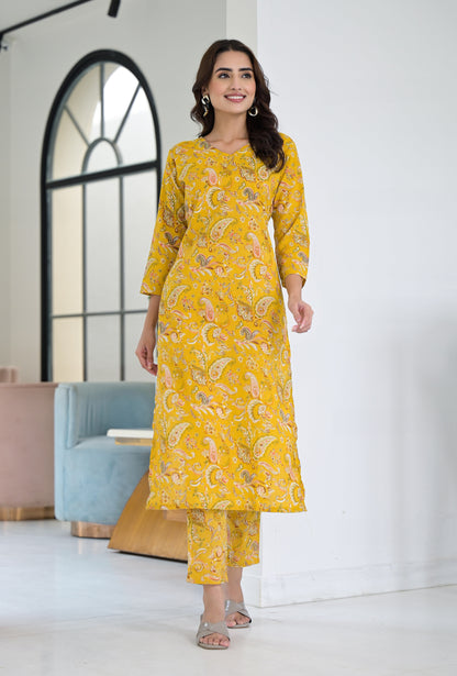 Anam Ethnic Set Floral Printed Yellow Co-ord Set