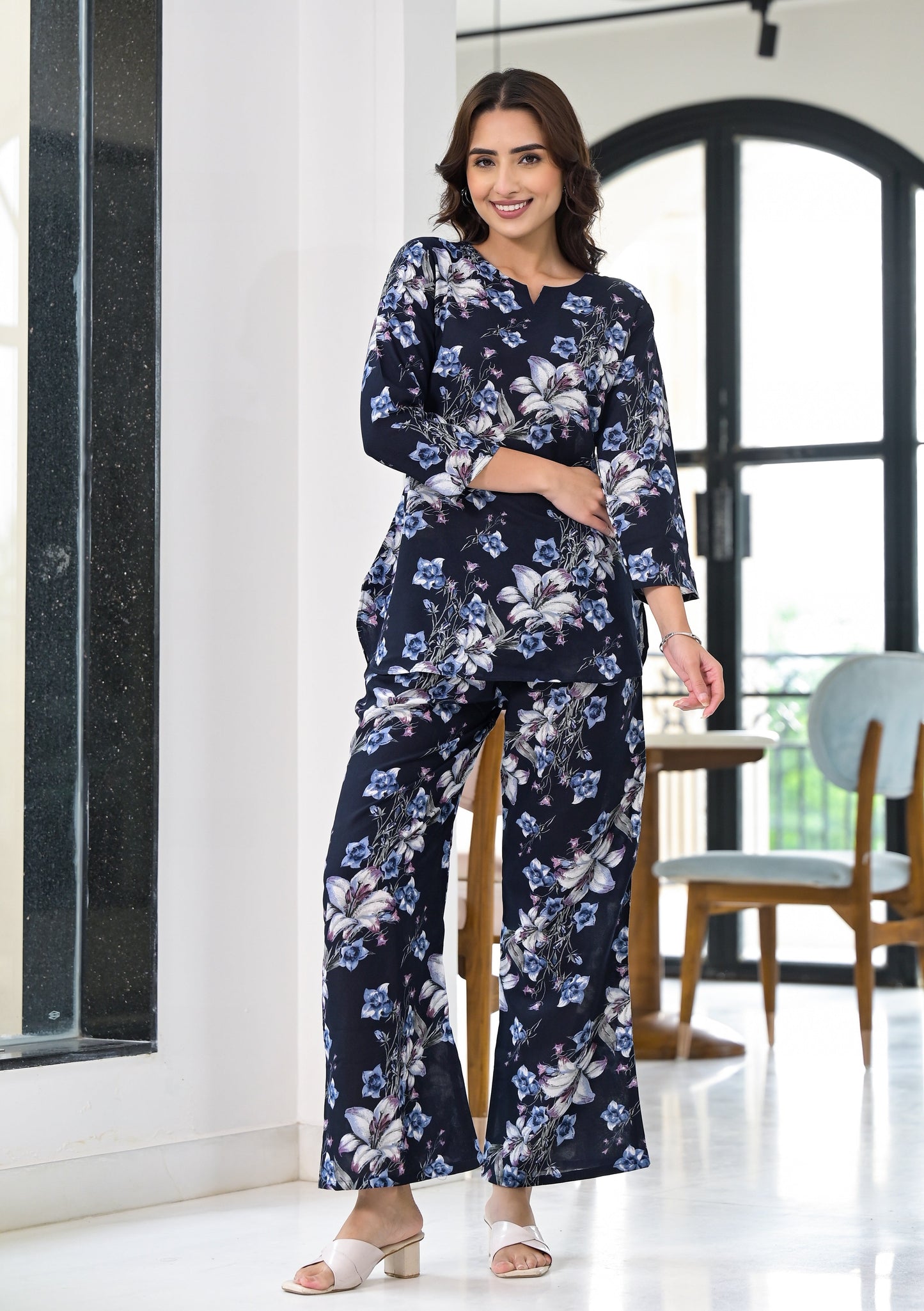 Anam Ethnic Set Floral Printed Navy Blue Co-ord Set