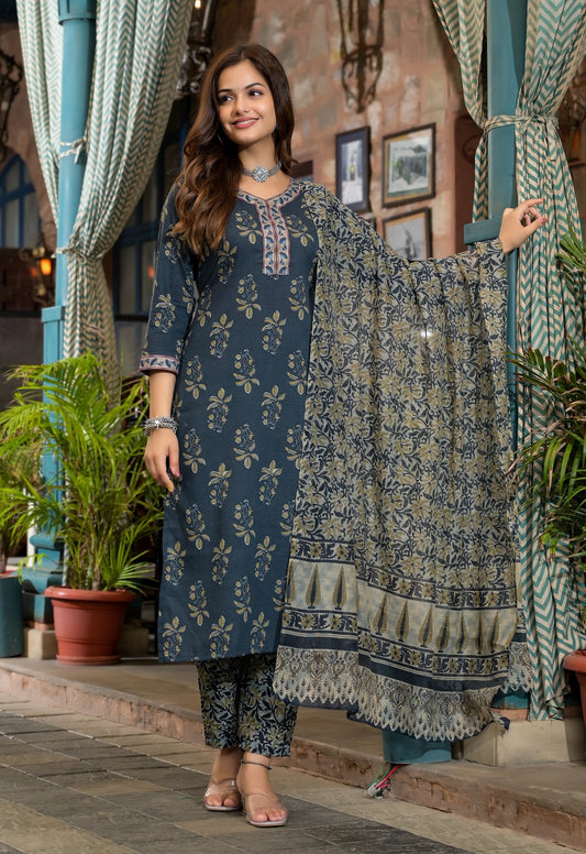 Anam Ethnic Set Women Printed Straight Kurta and Pant set with Dupatta