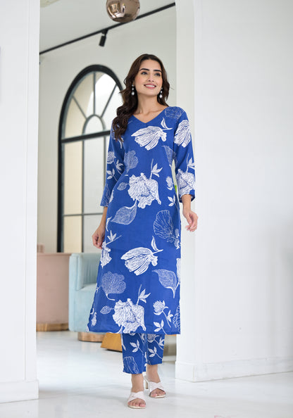 Anam Ethnic Set Floral Printed Blue Co-ord Set