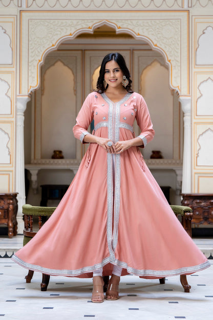 Anam jaipuri Peach Gotta Patti Open Front Festive Party Wear Long Flared Kurta