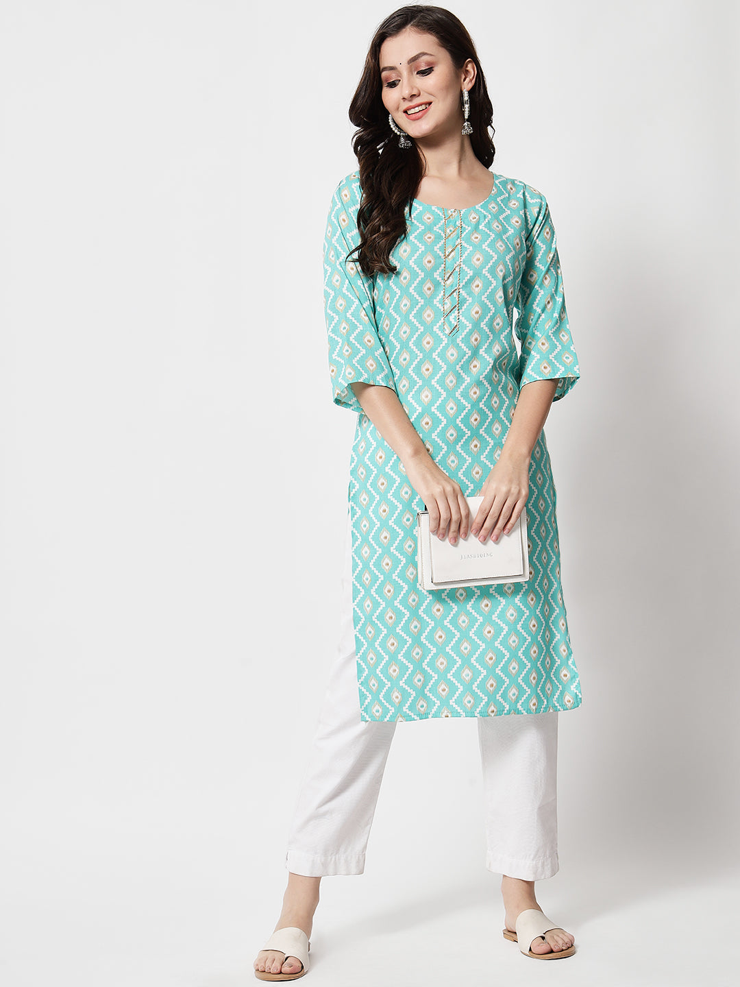 Anam jaipuri Zig-Zag Print Straight Kurti in Light Green