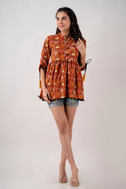 Anam jaipuri Red Floral Printed Tunic in Cotton