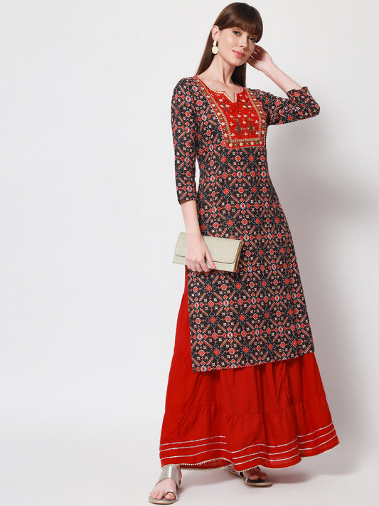 Anam jaipuri Embroidered Straight Kurti in Black & Red