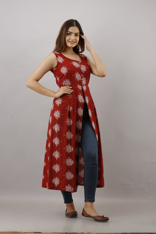 Anam jaipuri Printed Front-slit Kurta in Maroon