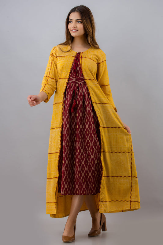 Anam jaipuri Flared Ikkat Kurta & Shrug in Yellow