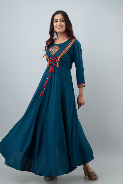 Anam jaipuri Teal Blue Embroidered Tie Up Flared Long Kurta