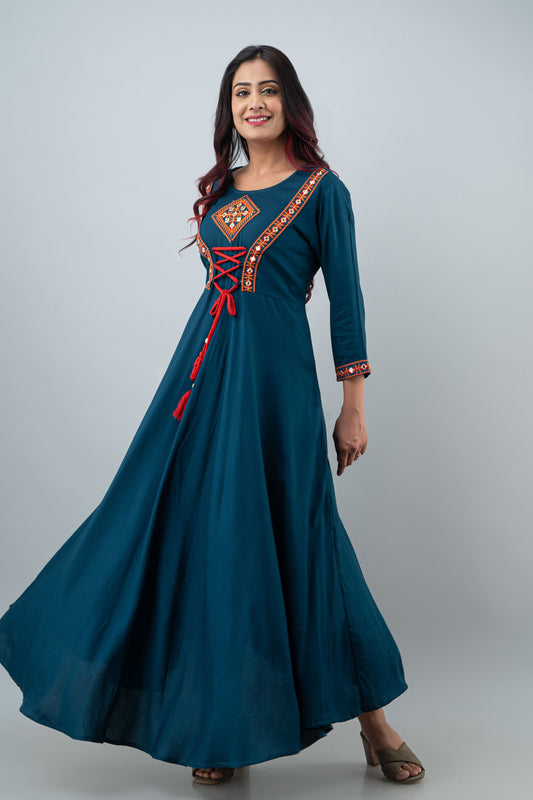 Anam jaipuri Teal Blue Embroidered Tie Up Flared Long Kurta