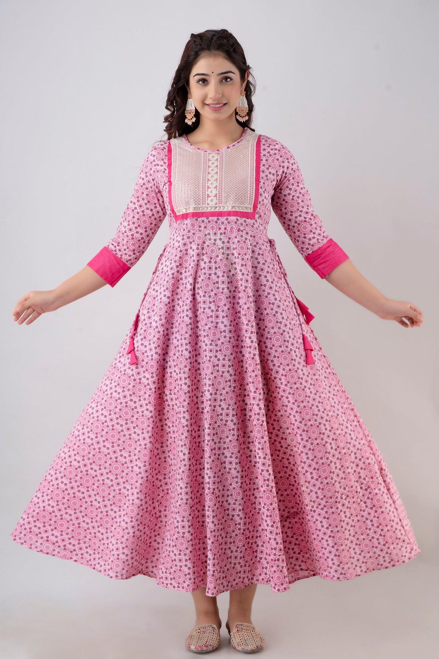 Anam jaipuri Tie Up Pink Embroidered Flared Party & Wedding Wear Long Kurta