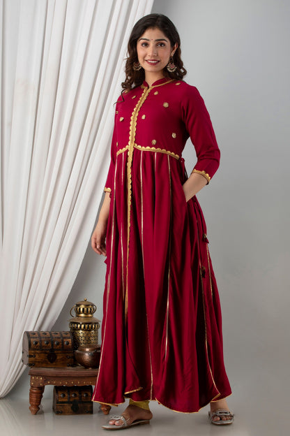 Anam jaipuri Maroon Gotta Patti Open Front Festive Party Wear Long Flared Kurta