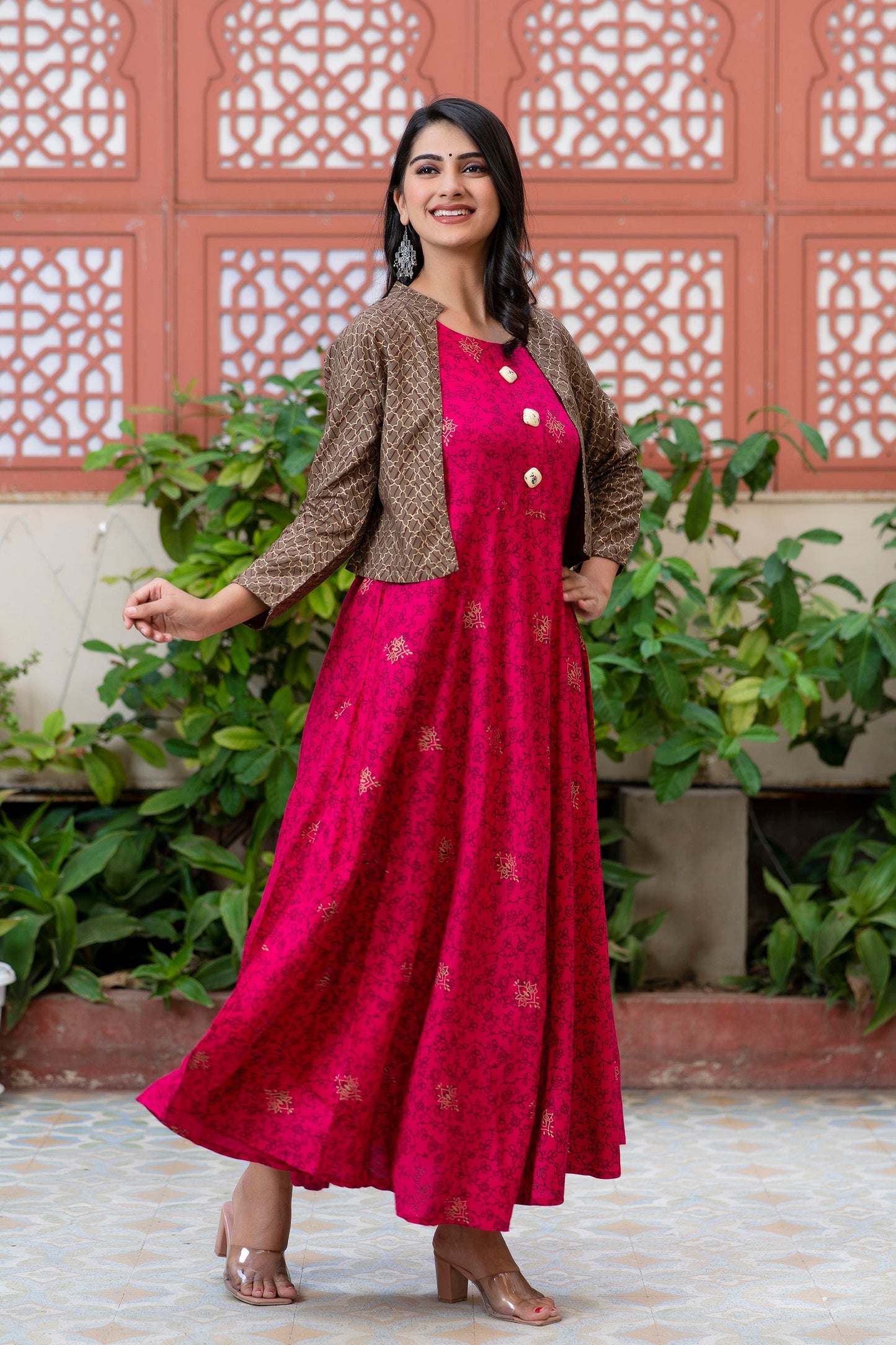 Anam jaipuri Gold Printed Designer Jacket Kurta In Pink