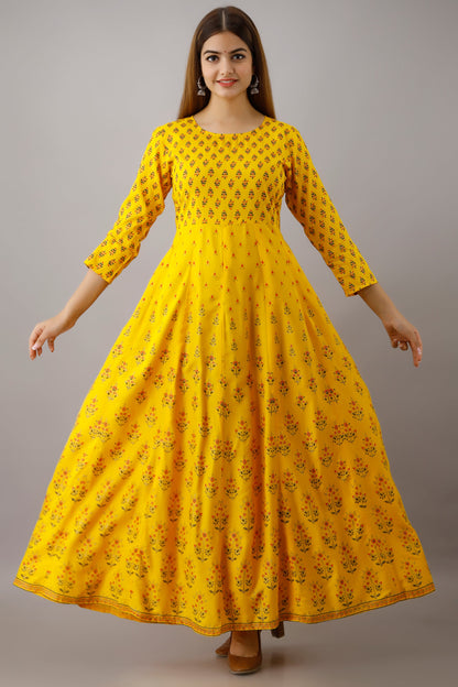 Anam jaipuri Gold Printed Anarkali Flared Kurta In Lemon Yellow