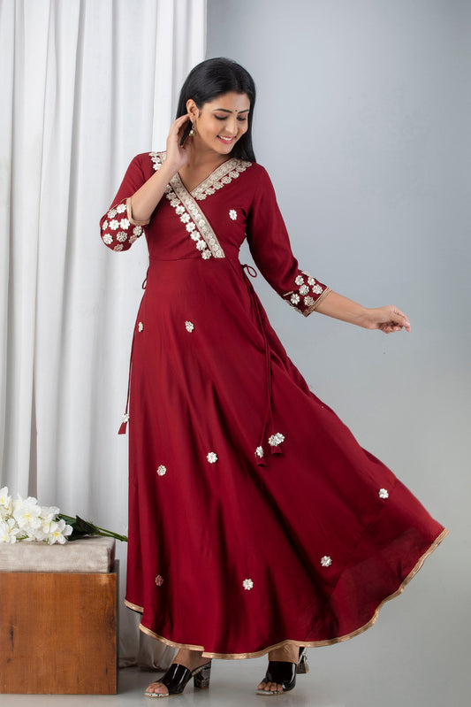 Anam jaipuri  Maroon Gotta Patti Embroidered Festive & Wedding Wear Flared Long Kurta