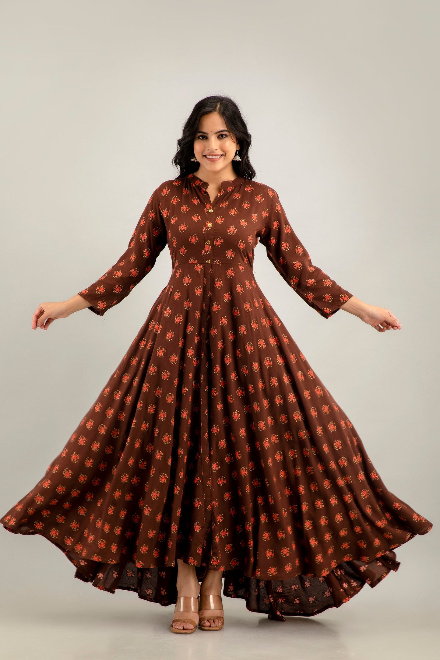 Anam jaipuri Long Flared Printed Kurta in Brown