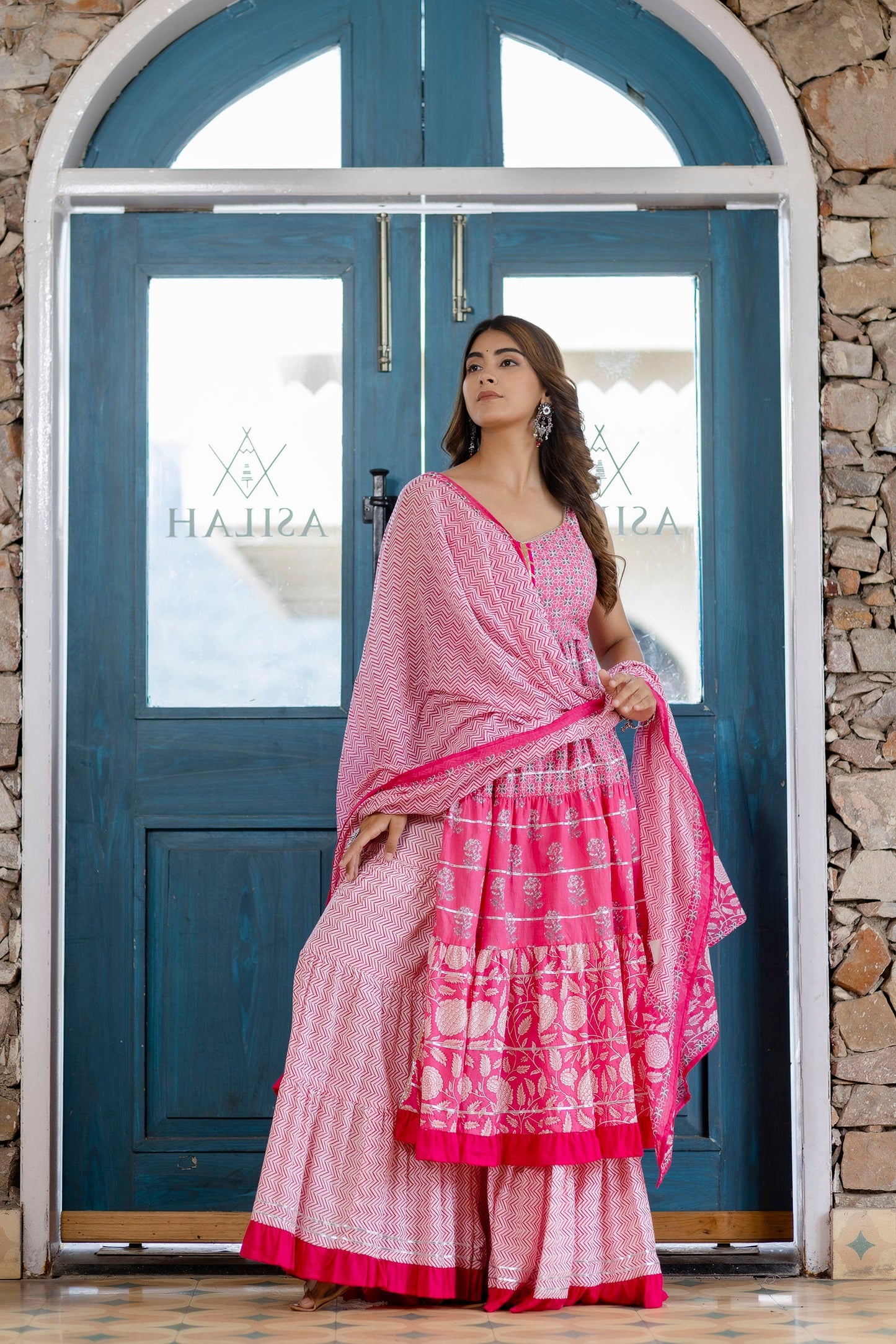 Anam jaipuri  Ethnic Motifs Print Gotta Patti Cotton A-Line Kurta & Sharara With Dupatta