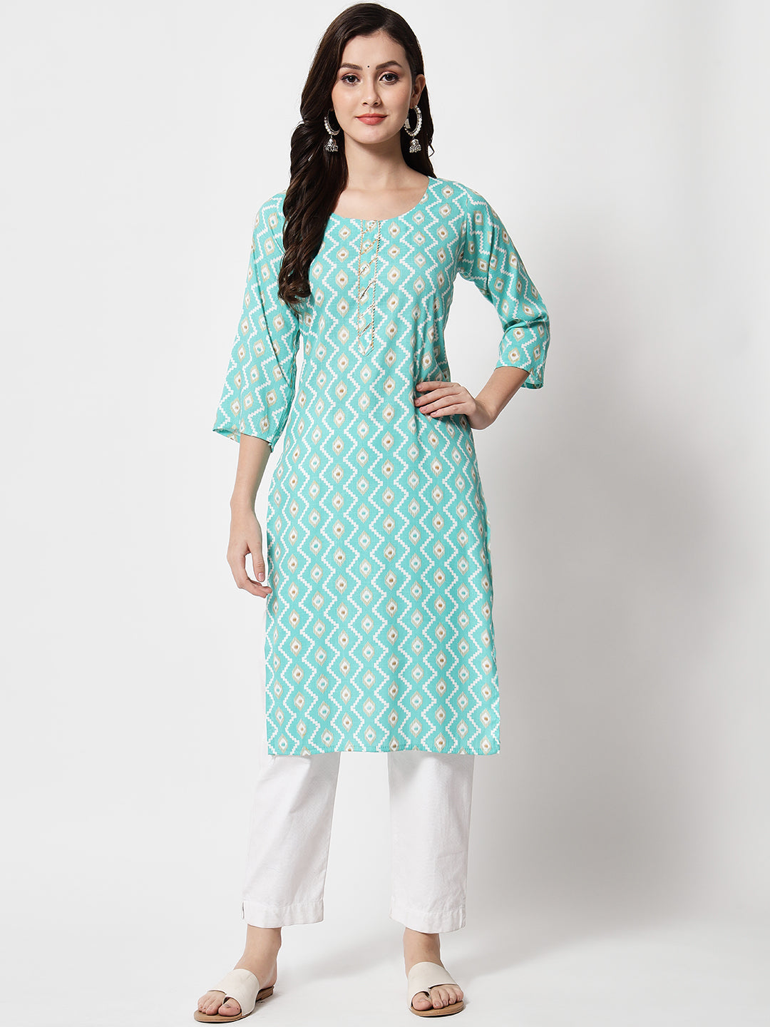 Anam jaipuri Zig-Zag Print Straight Kurti in Light Green