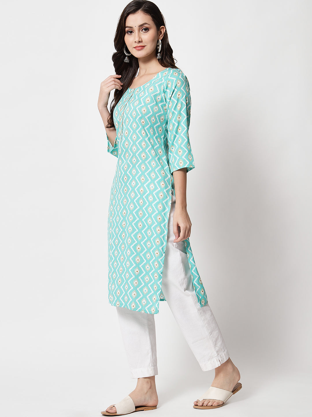 Anam jaipuri Zig-Zag Print Straight Kurti in Light Green