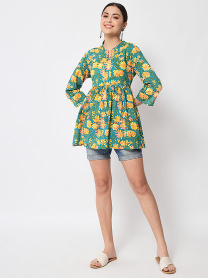 Anam jaipuri Green Floral Printed Tunic in Cotton