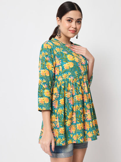 Anam jaipuri Green Floral Printed Tunic in Cotton