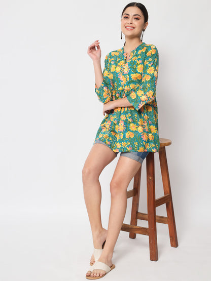 Anam jaipuri Green Floral Printed Tunic in Cotton