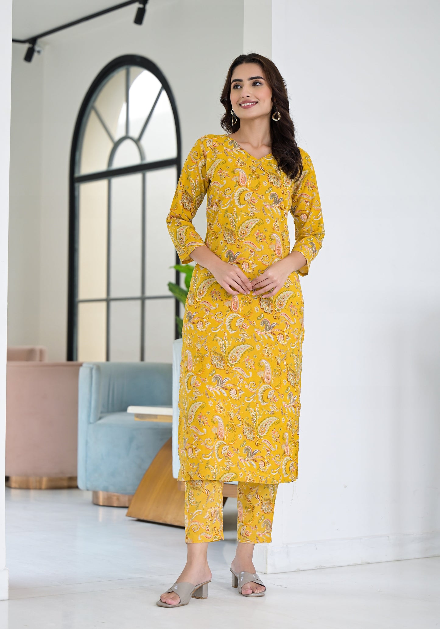 Anam Ethnic Set Floral Printed Yellow Co-ord Set